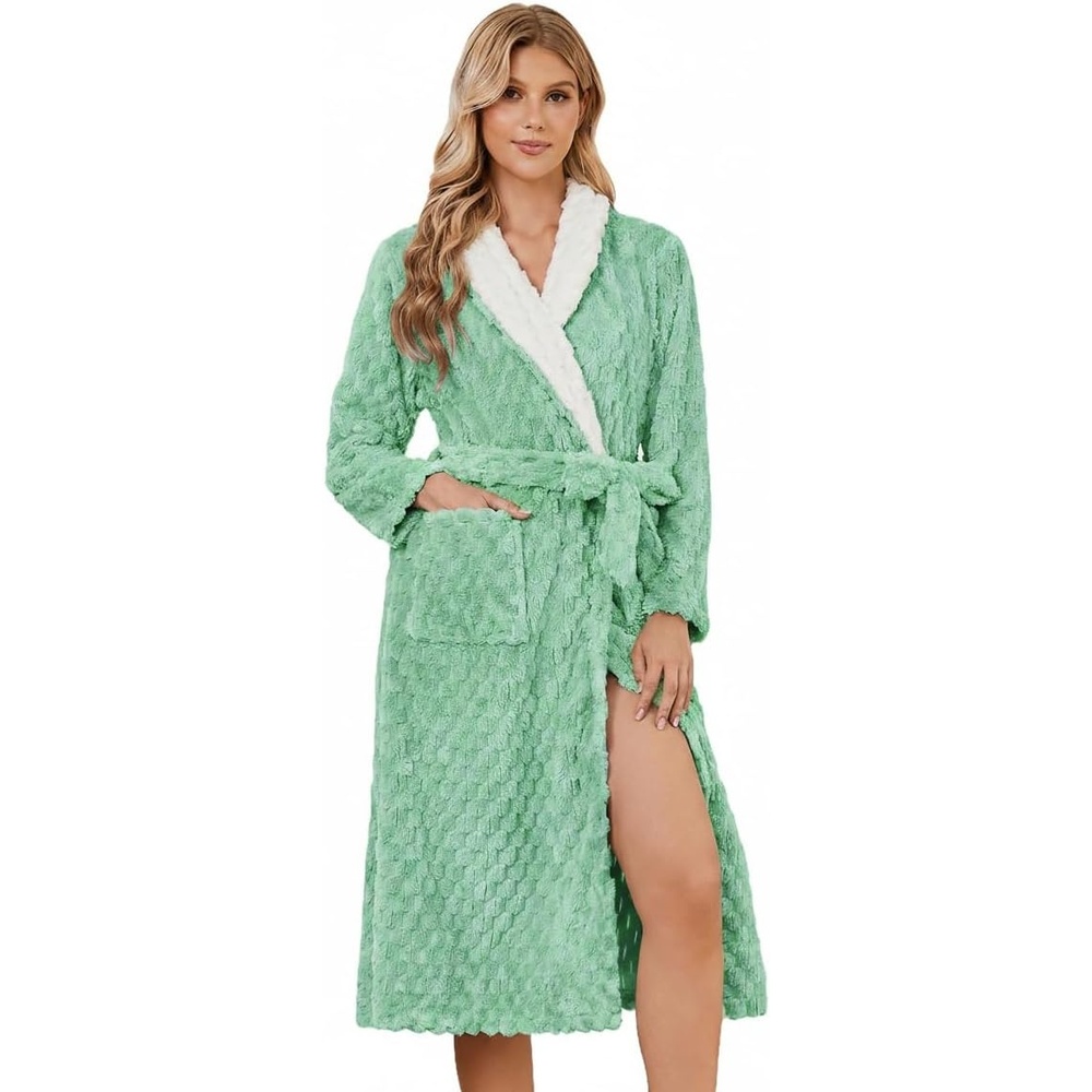 image:imageEkouaer Womens Robe Long Winter Plush Jacquard Bathrobe with Pockets SXXL Jacquard fabric Color block Shawl collar Long length Plush Fuzzy Fluffy Fleece Thick Sleepwear Winter Lounge wearGrey Green