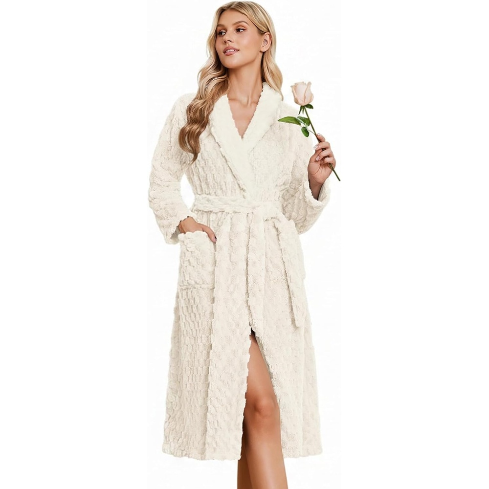 image:imageEkouaer Womens Robe Long Winter Plush Jacquard Bathrobe with Pockets SXXL  Jacquard fabric Color block Shawl collar Long length Plush Fuzzy Fluffy Fleece Thick Sleepwear Winter Lounge wearWhite