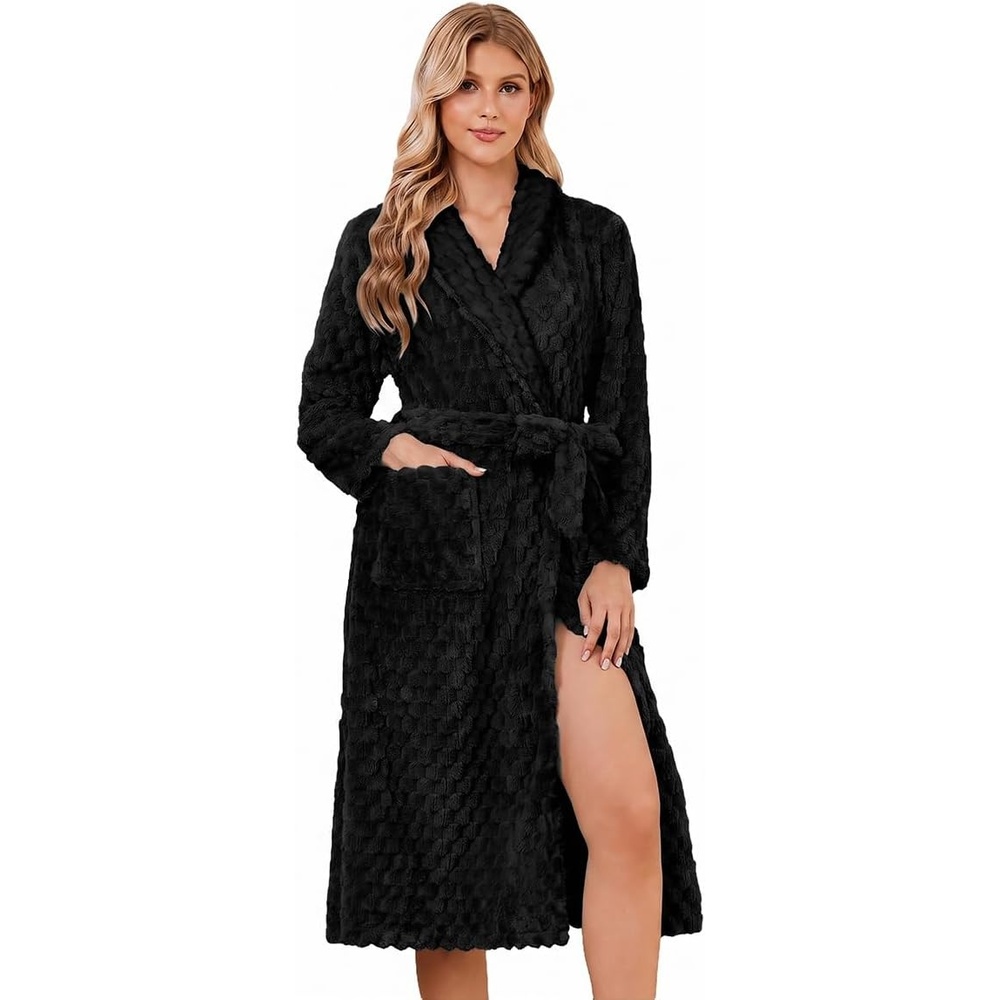 image:imageEkouaer Womens Robe Long Winter Plush Jacquard Bathrobe with Pockets SXXL Jacquard fabric Color block Shawl collar Long length Plush Fuzzy Fluffy Fleece Thick Sleepwear Winter Lounge wearBlack