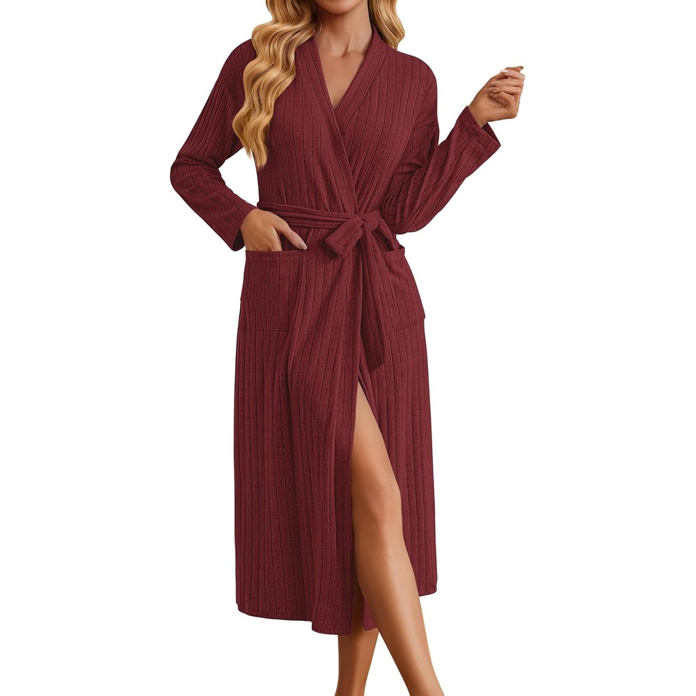 image:imageEkouaer Womens Robes Long Bathrobe Ribbed Knit Kimono Robe Soft Sleepwear Lightweight Robes with Pockets Casual Ladies Loungewear Long Sleeves Midcalf LengthRed