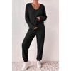 Ekouaer Women’s 2 Piece Long Sleeve Lounge Set Ribbed Knit Pajamas Set | Ribbed Knit Fabric, Soft Lounge Sets, Fall Sleepwear, Airport Outfits, Jogger Pants With Pockets, Matching Track Suits(Black)