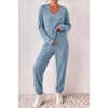 Ekouaer Women’s 2 Piece Long Sleeve Lounge Set Ribbed Knit Pajamas Set | Ribbed Knit Fabric, Soft Lounge Sets, Fall Sleepwear, Airport Outfits, Jogger Pants With Pockets, Matching Track Suits(Light Blue)