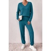 Ekouaer Women’s 2 Piece Long Sleeve Lounge Set Ribbed Knit Pajamas Set | Ribbed Knit Fabric, Soft Lounge Sets, Fall Sleepwear, Airport Outfits, Jogger Pants With Pockets, Matching Track Suits(Green Blue)