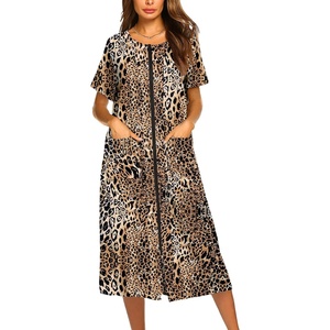 Ekouaer Robes For Women Zipper Bathrobe Short Sleeve Duster With Pockets | Zipper Front House Coat, Lightweight Sleepwear, Plus Size Loungewear, Ladies Nightgown for Mother, Postoperative Gown, Sleep(Brown Leopard Print)
