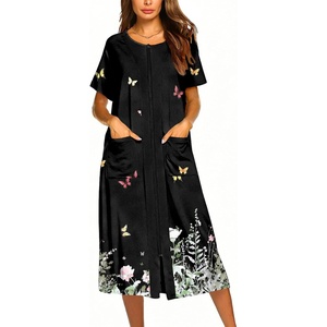 Ekouaer Robes For Women Zipper Bathrobe Short Sleeve Duster With Pockets | Zipper Front House Coat, Lightweight Sleepwear, Plus Size Loungewear, Ladies Nightgown for Mother, Postoperative Gown, Sleep(Black Butterfly Gradient)