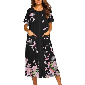 Ekouaer Robes For Women Zipper Bathrobe Short Sleeve Duster With Pockets | Zipper Front House Coat, Lightweight Sleepwear, Plus Size Loungewear, Ladies Nightgown for Mother, Postoperative Gown, Sleep(Black Sakura)