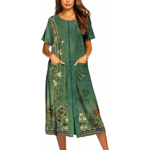 Ekouaer Robes For Women Zipper Bathrobe Short Sleeve Duster With Pockets | Zipper Front House Coat, Lightweight Sleepwear, Plus Size Loungewear, Ladies Nightgown for Mother, Postoperative Gown, Sleep(Green Ethnic Style)