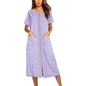 Ekouaer Robes For Women Zipper Bathrobe Short Sleeve Duster With Pockets | Zipper Front House Coat, Lightweight Sleepwear, Plus Size Loungewear, Ladies Nightgown for Mother, Postoperative Gown, Sleep(Pat12)