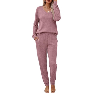 Ekouaer Women’s 2 Piece Long Sleeve Lounge Set Ribbed Knit Pajamas Set | Ribbed Knit Fabric, Soft Lounge Sets, Fall Sleepwear, Airport Outfits, Jogger Pants With Pockets, Matching Track Suits(Dusty Rose)