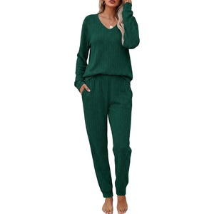 Ekouaer Women’s 2 Piece Long Sleeve Lounge Set Ribbed Knit Pajamas Set | Ribbed Knit Fabric, Soft Lounge Sets, Fall Sleepwear, Airport Outfits, Jogger Pants With Pockets, Matching Track Suits(Green)