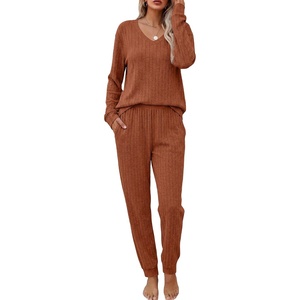 Ekouaer Women’s 2 Piece Long Sleeve Lounge Set Ribbed Knit Pajamas Set | Ribbed Knit Fabric, Soft Lounge Sets, Fall Sleepwear, Airport Outfits, Jogger Pants With Pockets, Matching Track Suits(Caramel)