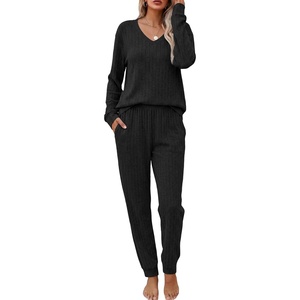 Ekouaer Women’s 2 Piece Long Sleeve Lounge Set Ribbed Knit Pajamas Set | Ribbed Knit Fabric, Soft Lounge Sets, Fall Sleepwear, Airport Outfits, Jogger Pants With Pockets, Matching Track Suits(Black)