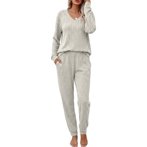 Ekouaer Women’s 2 Piece Long Sleeve Lounge Set Ribbed Knit Pajamas Set | Ribbed Knit Fabric, Soft Lounge Sets, Fall Sleepwear, Airport Outfits, Jogger Pants With Pockets, Matching Track Suits(Smoky Gray)
