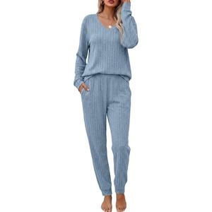 Ekouaer Women’s 2 Piece Long Sleeve Lounge Set Ribbed Knit Pajamas Set | Ribbed Knit Fabric, Soft Lounge Sets, Fall Sleepwear, Airport Outfits, Jogger Pants With Pockets, Matching Track Suits(Light Blue)