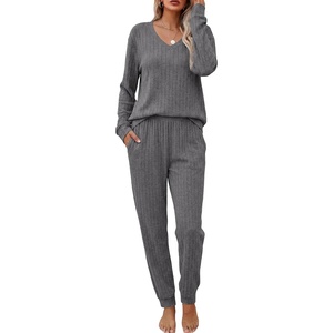 Ekouaer Women’s 2 Piece Long Sleeve Lounge Set Ribbed Knit Pajamas Set | Ribbed Knit Fabric, Soft Lounge Sets, Fall Sleepwear, Airport Outfits, Jogger Pants With Pockets, Matching Track Suits(Dak Grey)