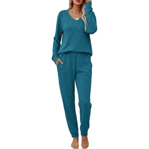 Ekouaer Women’s 2 Piece Long Sleeve Lounge Set Ribbed Knit Pajamas Set | Ribbed Knit Fabric, Soft Lounge Sets, Fall Sleepwear, Airport Outfits, Jogger Pants With Pockets, Matching Track Suits(Green Blue)