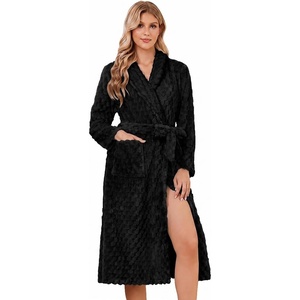 Ekouaer Women’s Robe Long Winter Plush Jacquard Bathrobe with Pockets S-XXL | Jacquard fabric, Color block, Shawl collar, Long length, Plush, Fuzzy, Fluffy, Fleece, Thick Sleepwear, Winter Lounge wear(Black)