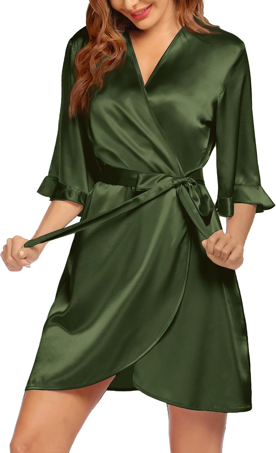 image:imageEkouaer Womens Satin Robe Kimono Bathrobe Short Ruffle Sleeve Silk Robes Silky Soft Robes Summer Lightweight Bath Robe Ruffle 34 Sleeve Sleepwear Short Bride Robe Bridal Robe Bridesmaid RobesDeep Green