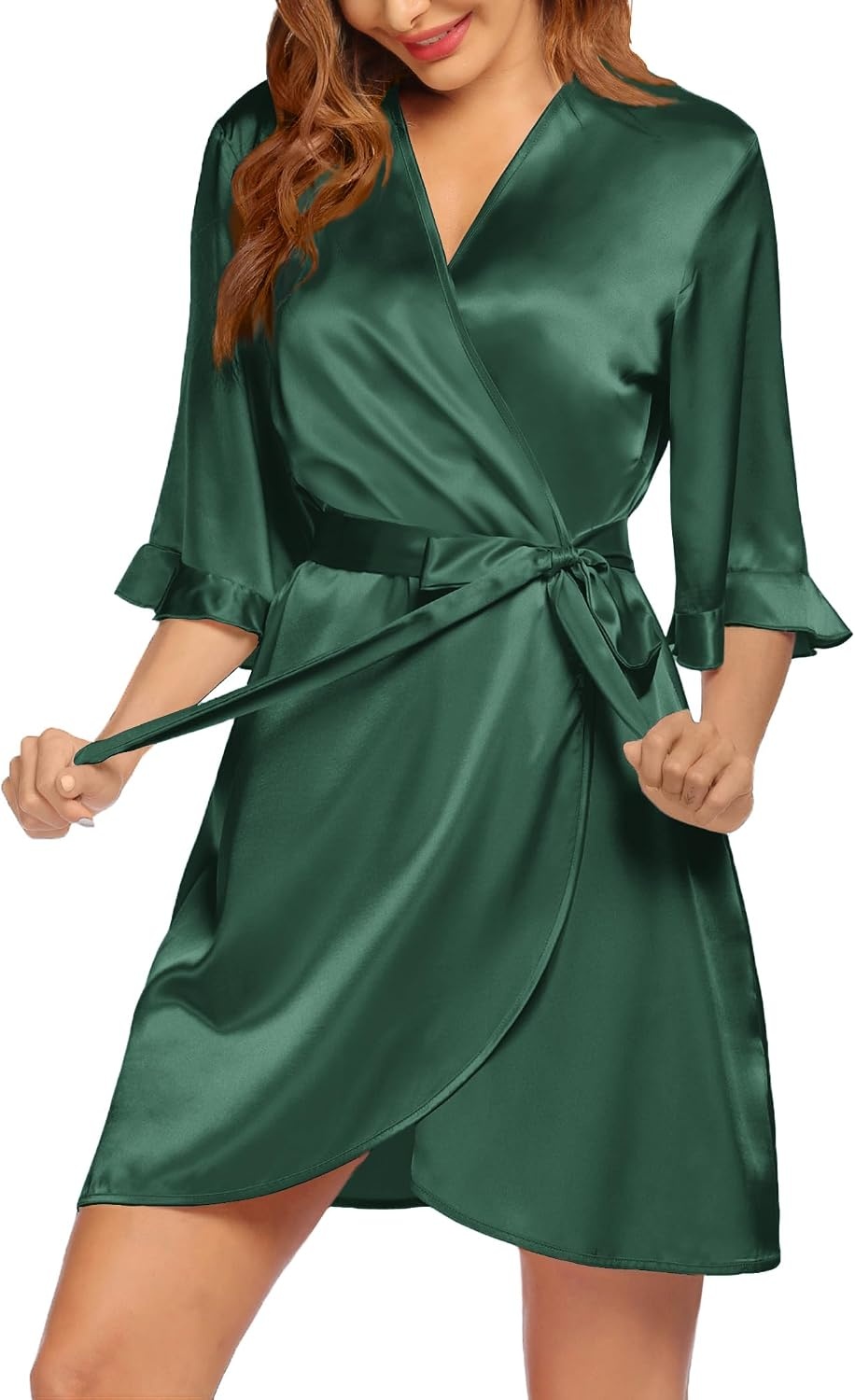 image:imageEkouaer Womens Satin Robe Kimono Bathrobe Short Ruffle Sleeve Silk Robes Silky Soft Robes Summer Lightweight Bath Robe Ruffle 34 Sleeve Sleepwear Short Bride Robe Bridal Robe Bridesmaid RobesEvergreen