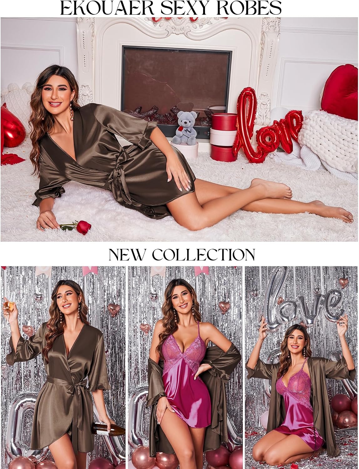 image:imageEkouaer Womens Satin Robe Kimono Bathrobe Short Ruffle Sleeve Silk Robes Silky Soft Robes Summer Lightweight Bath Robe Ruffle 34 Sleeve Sleepwear Short Bride Robe Bridal Robe Bridesmaid RobesLight Coffee