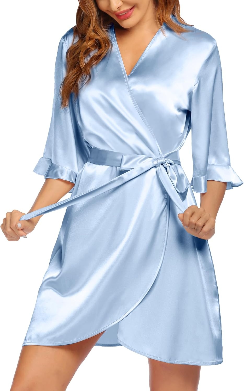 image:imageEkouaer Womens Satin Robe Kimono Bathrobe Short Ruffle Sleeve Silk Robes Silky Soft Robes Summer Lightweight Bath Robe Ruffle 34 Sleeve Sleepwear Short Bride Robe Bridal Robe Bridesmaid RobesLight Blue