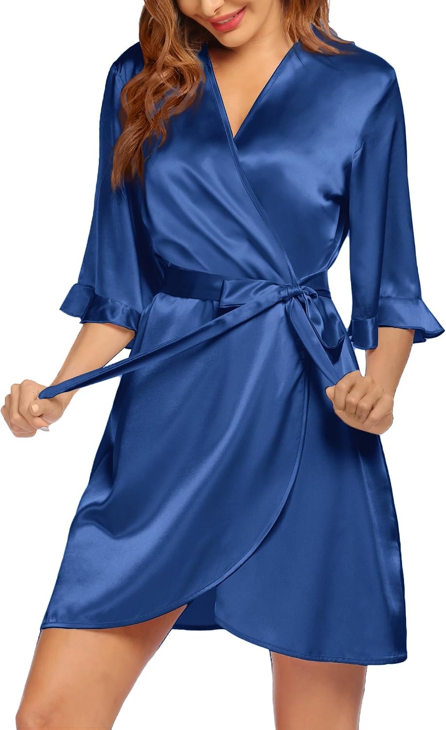 image:imageEkouaer Womens Satin Robe Kimono Bathrobe Short Ruffle Sleeve Silk Robes Silky Soft Robes Summer Lightweight Bath Robe Ruffle 34 Sleeve Sleepwear Short Bride Robe Bridal Robe Bridesmaid RobesNavy