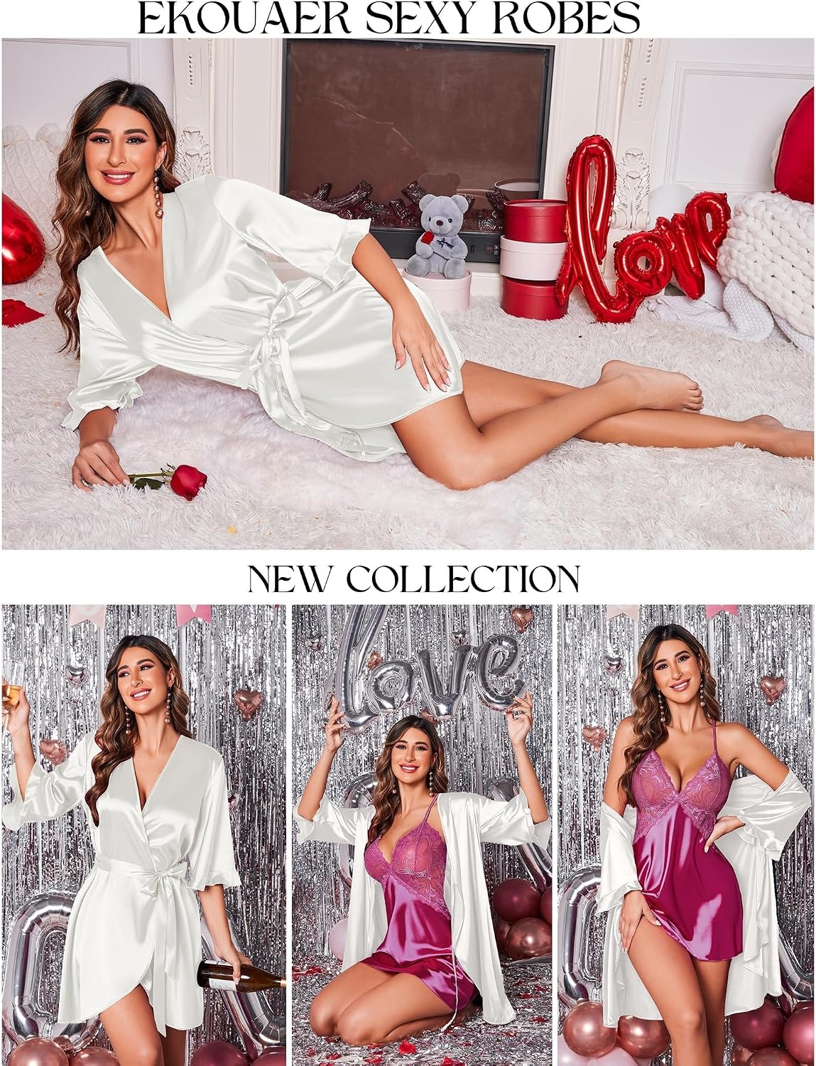 image:imageEkouaer Womens Satin Robe Kimono Bathrobe Short Ruffle Sleeve Silk Robes Silky Soft Robes Summer Lightweight Bath Robe Ruffle 34 Sleeve Sleepwear Short Bride Robe Bridal Robe Bridesmaid Robes01white