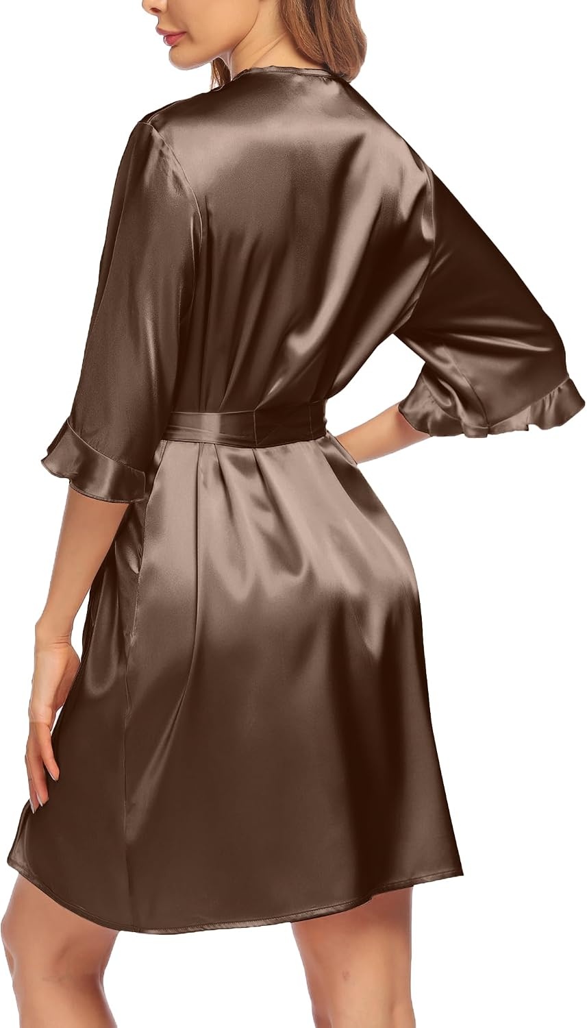 image:imageEkouaer Womens Satin Robe Kimono Bathrobe Short Ruffle Sleeve Silk Robes Silky Soft Robes Summer Lightweight Bath Robe Ruffle 34 Sleeve Sleepwear Short Bride Robe Bridal Robe Bridesmaid RobesLight Coffee