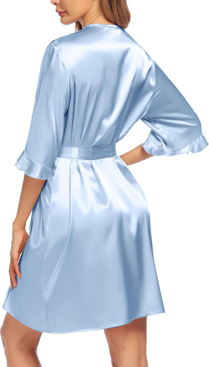 image:imageEkouaer Womens Satin Robe Kimono Bathrobe Short Ruffle Sleeve Silk Robes Silky Soft Robes Summer Lightweight Bath Robe Ruffle 34 Sleeve Sleepwear Short Bride Robe Bridal Robe Bridesmaid RobesLight Blue