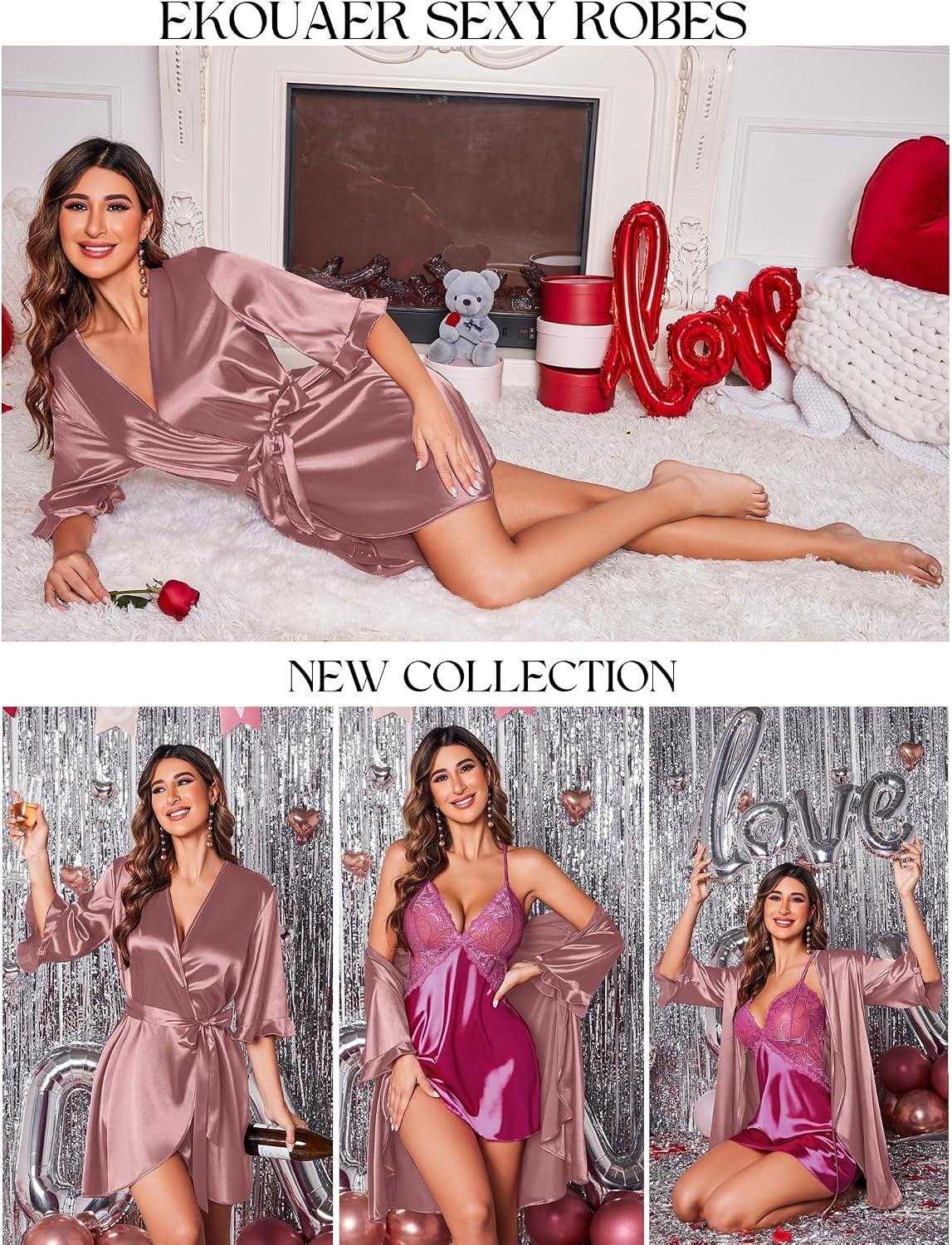 image:imageEkouaer Womens Satin Robe Kimono Bathrobe Short Ruffle Sleeve Silk Robes Silky Soft Robes Summer Lightweight Bath Robe Ruffle 34 Sleeve Sleepwear Short Bride Robe Bridal Robe Bridesmaid RobesGray Purple