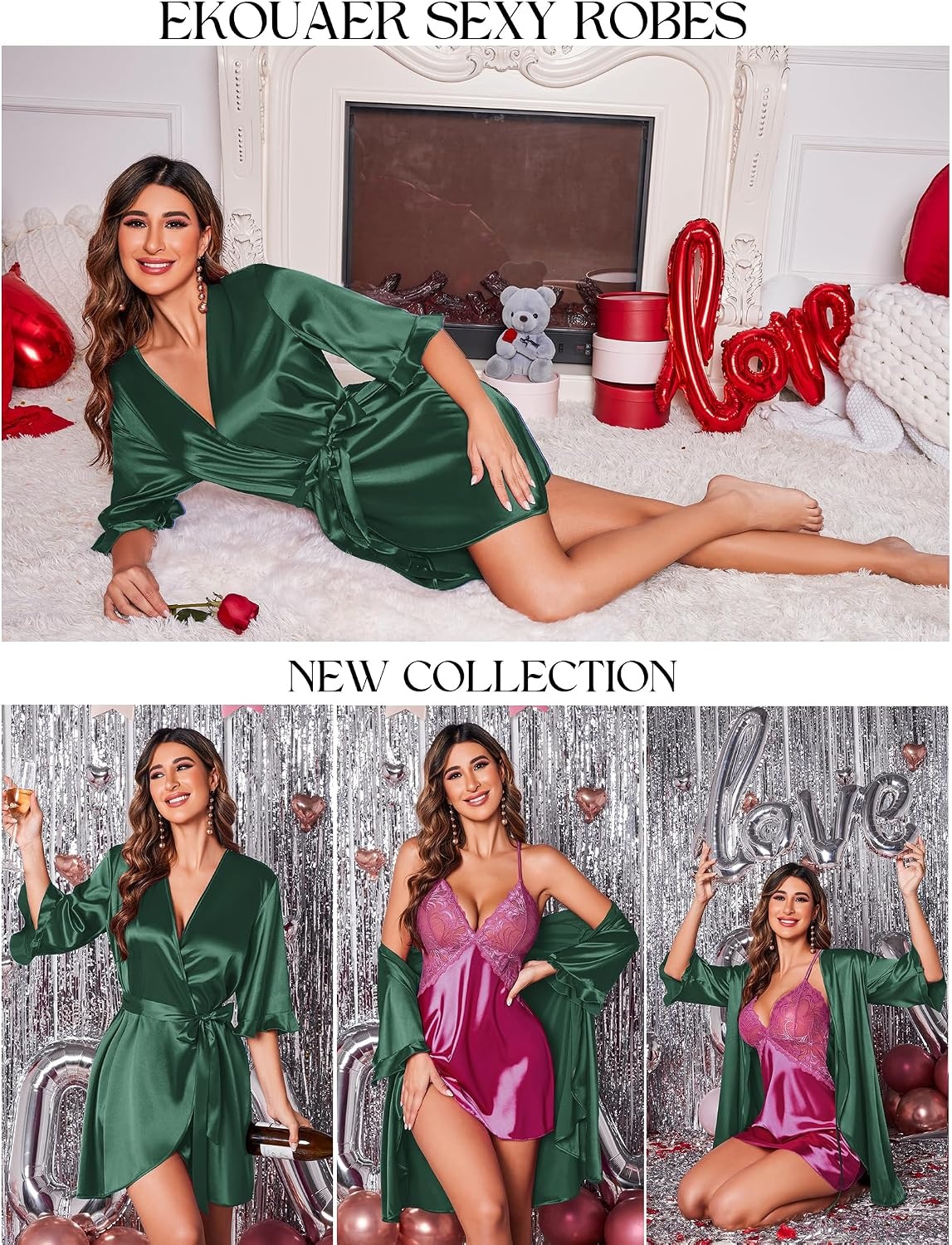 image:imageEkouaer Womens Satin Robe Kimono Bathrobe Short Ruffle Sleeve Silk Robes Silky Soft Robes Summer Lightweight Bath Robe Ruffle 34 Sleeve Sleepwear Short Bride Robe Bridal Robe Bridesmaid RobesEvergreen