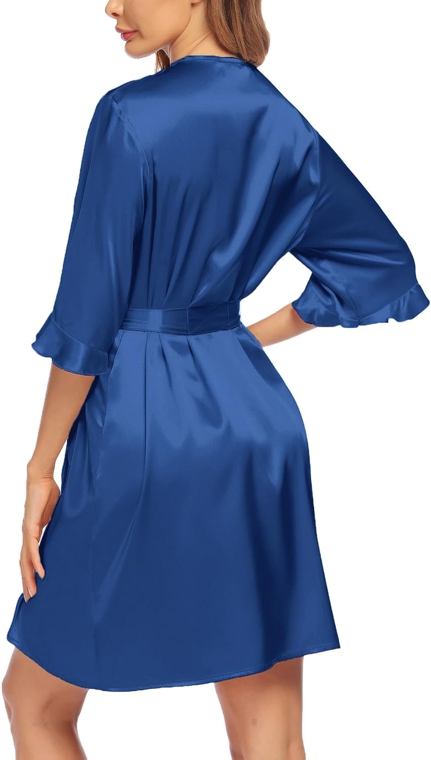 image:imageEkouaer Womens Satin Robe Kimono Bathrobe Short Ruffle Sleeve Silk Robes Silky Soft Robes Summer Lightweight Bath Robe Ruffle 34 Sleeve Sleepwear Short Bride Robe Bridal Robe Bridesmaid RobesNavy