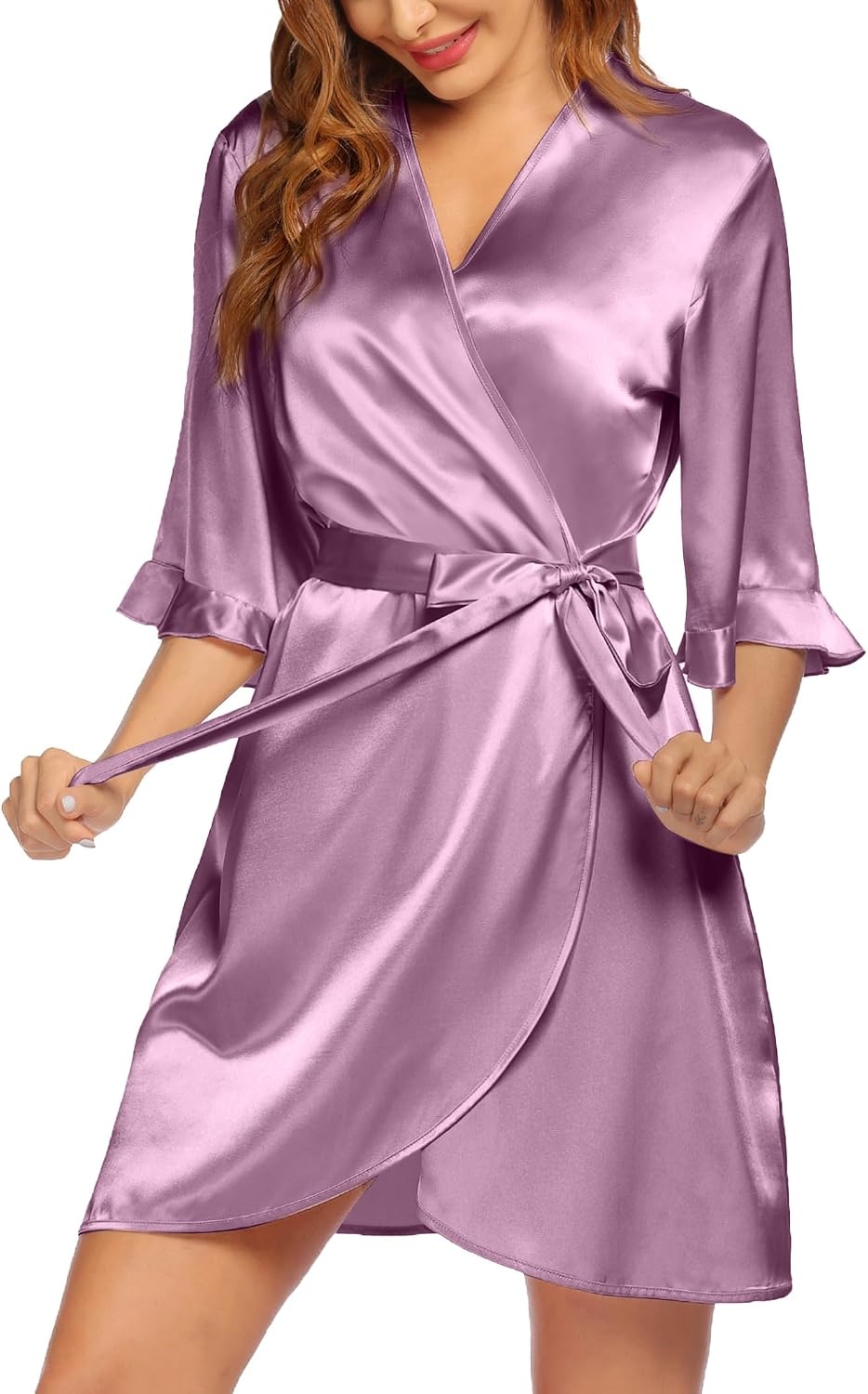 image:imageEkouaer Womens Satin Robe Kimono Bathrobe Short Ruffle Sleeve Silk Robes Silky Soft Robes Summer Lightweight Bath Robe Ruffle 34 Sleeve Sleepwear Short Bride Robe Bridal Robe Bridesmaid RobesPurple Red