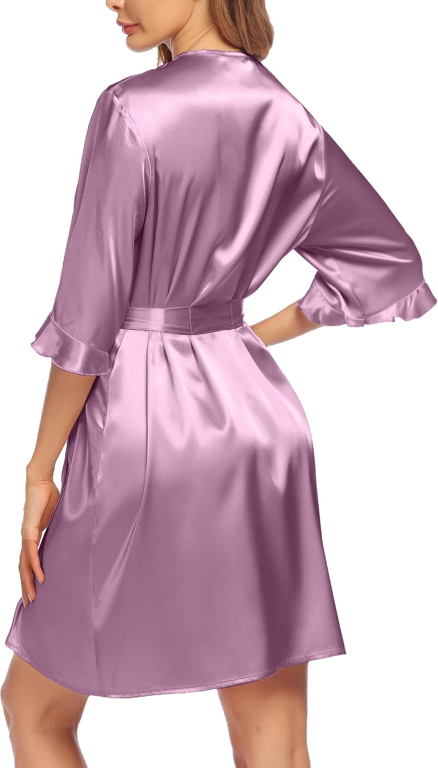 image:imageEkouaer Womens Satin Robe Kimono Bathrobe Short Ruffle Sleeve Silk Robes Silky Soft Robes Summer Lightweight Bath Robe Ruffle 34 Sleeve Sleepwear Short Bride Robe Bridal Robe Bridesmaid RobesPurple Red