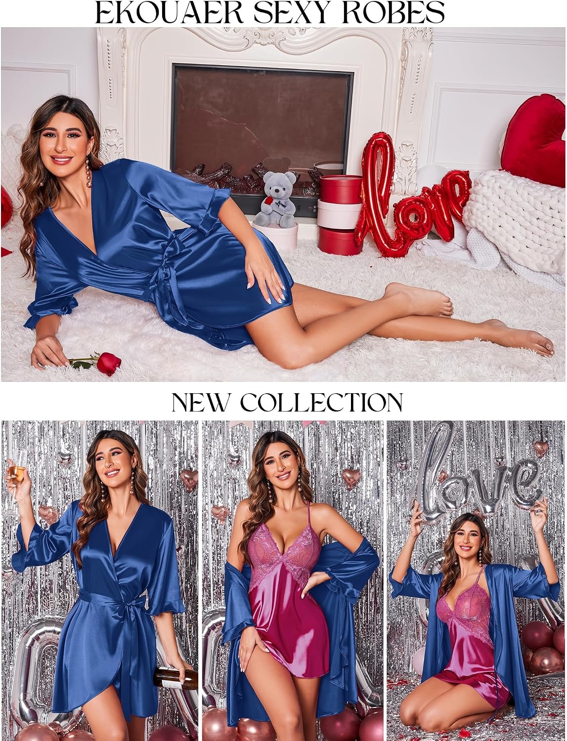 image:imageEkouaer Womens Satin Robe Kimono Bathrobe Short Ruffle Sleeve Silk Robes Silky Soft Robes Summer Lightweight Bath Robe Ruffle 34 Sleeve Sleepwear Short Bride Robe Bridal Robe Bridesmaid RobesNavy