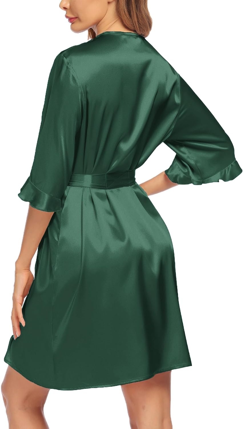 image:imageEkouaer Womens Satin Robe Kimono Bathrobe Short Ruffle Sleeve Silk Robes Silky Soft Robes Summer Lightweight Bath Robe Ruffle 34 Sleeve Sleepwear Short Bride Robe Bridal Robe Bridesmaid RobesEvergreen