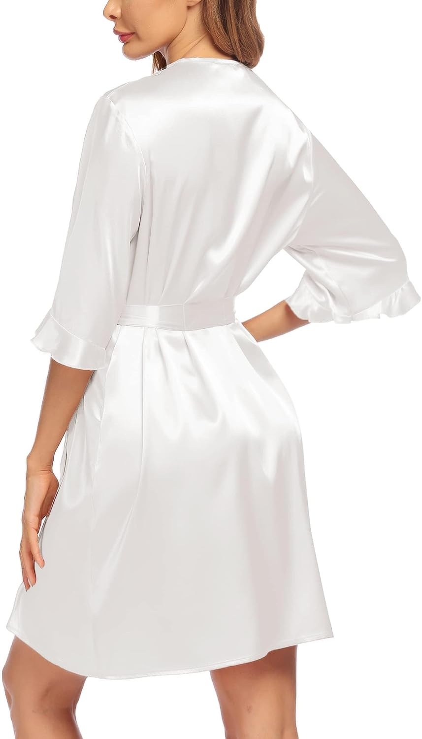 image:imageEkouaer Womens Satin Robe Kimono Bathrobe Short Ruffle Sleeve Silk Robes Silky Soft Robes Summer Lightweight Bath Robe Ruffle 34 Sleeve Sleepwear Short Bride Robe Bridal Robe Bridesmaid Robes01white