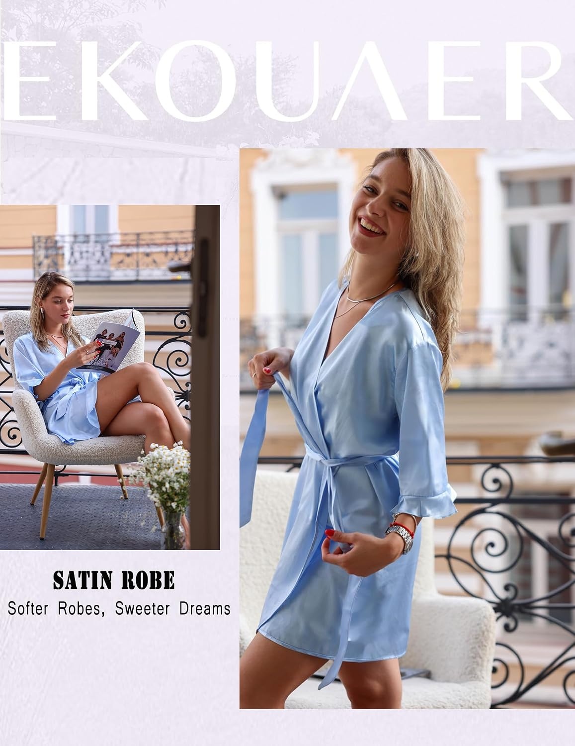 image:imageEkouaer Womens Satin Robe Kimono Bathrobe Short Ruffle Sleeve Silk Robes Silky Soft Robes Summer Lightweight Bath Robe Ruffle 34 Sleeve Sleepwear Short Bride Robe Bridal Robe Bridesmaid RobesLight Blue