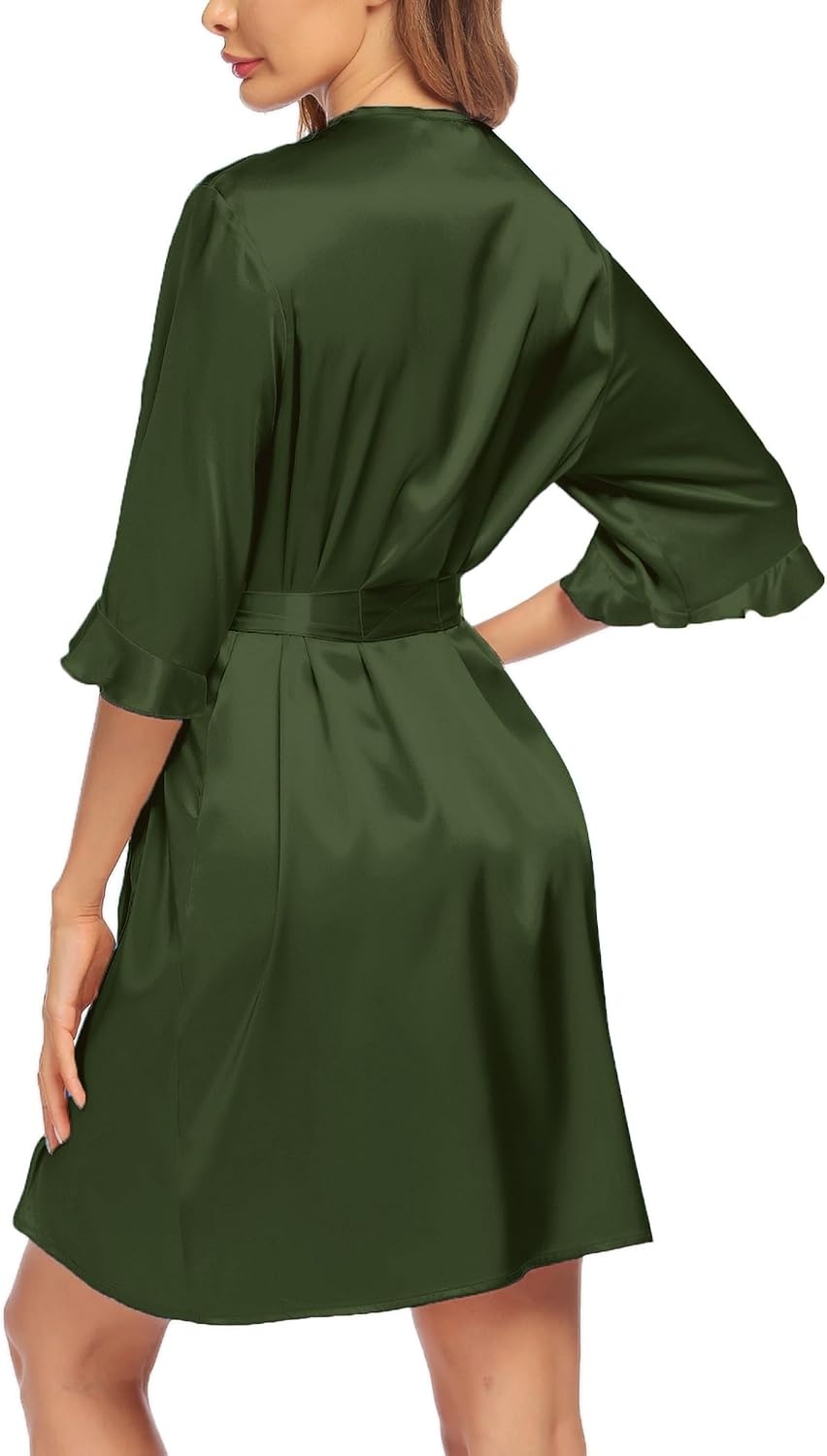 image:imageEkouaer Womens Satin Robe Kimono Bathrobe Short Ruffle Sleeve Silk Robes Silky Soft Robes Summer Lightweight Bath Robe Ruffle 34 Sleeve Sleepwear Short Bride Robe Bridal Robe Bridesmaid RobesDeep Green
