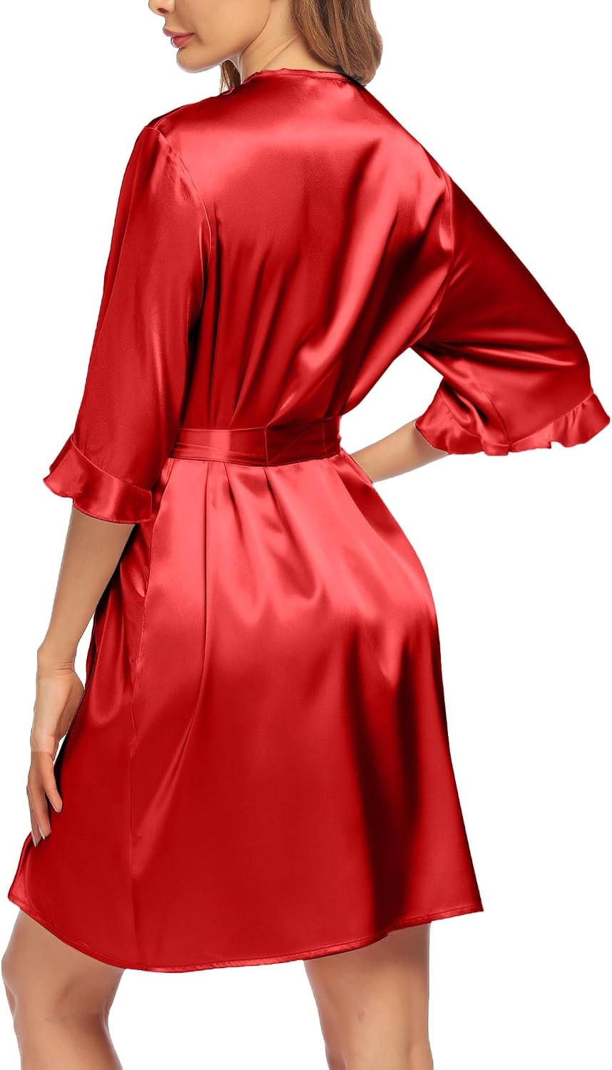 image:imageEkouaer Womens Satin Robe Kimono Bathrobe Short Ruffle Sleeve Silk Robes Silky Soft Robes Summer Lightweight Bath Robe Ruffle 34 Sleeve Sleepwear Short Bride Robe Bridal Robe Bridesmaid RobesRed