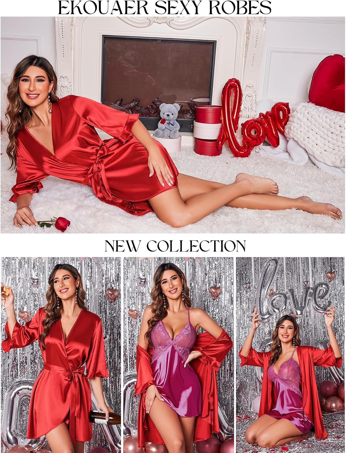 image:imageEkouaer Womens Satin Robe Kimono Bathrobe Short Ruffle Sleeve Silk Robes Silky Soft Robes Summer Lightweight Bath Robe Ruffle 34 Sleeve Sleepwear Short Bride Robe Bridal Robe Bridesmaid RobesRed