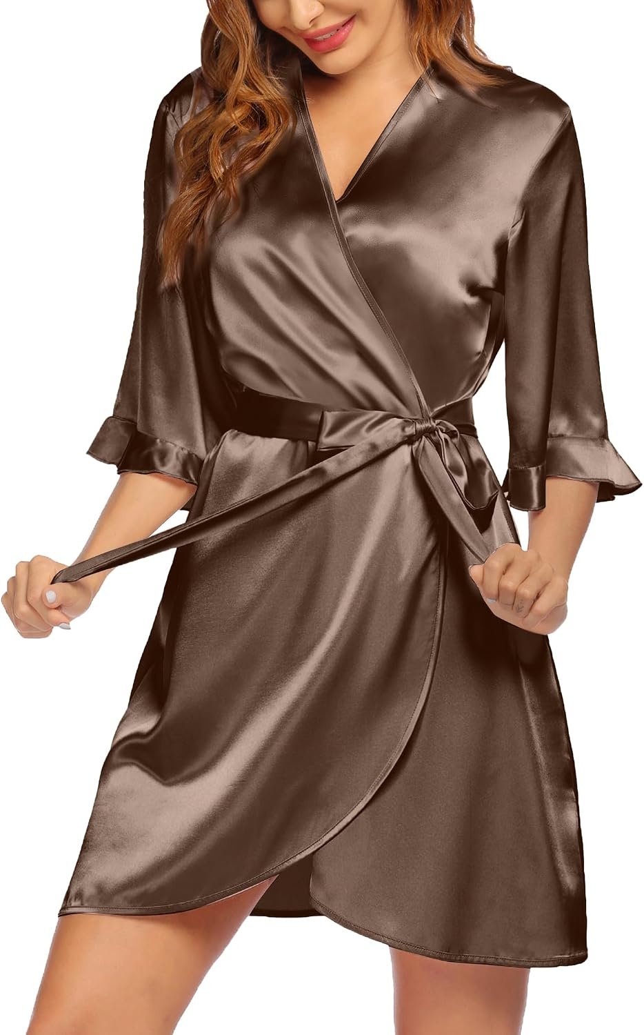 image:imageEkouaer Womens Satin Robe Kimono Bathrobe Short Ruffle Sleeve Silk Robes Silky Soft Robes Summer Lightweight Bath Robe Ruffle 34 Sleeve Sleepwear Short Bride Robe Bridal Robe Bridesmaid RobesLight Coffee