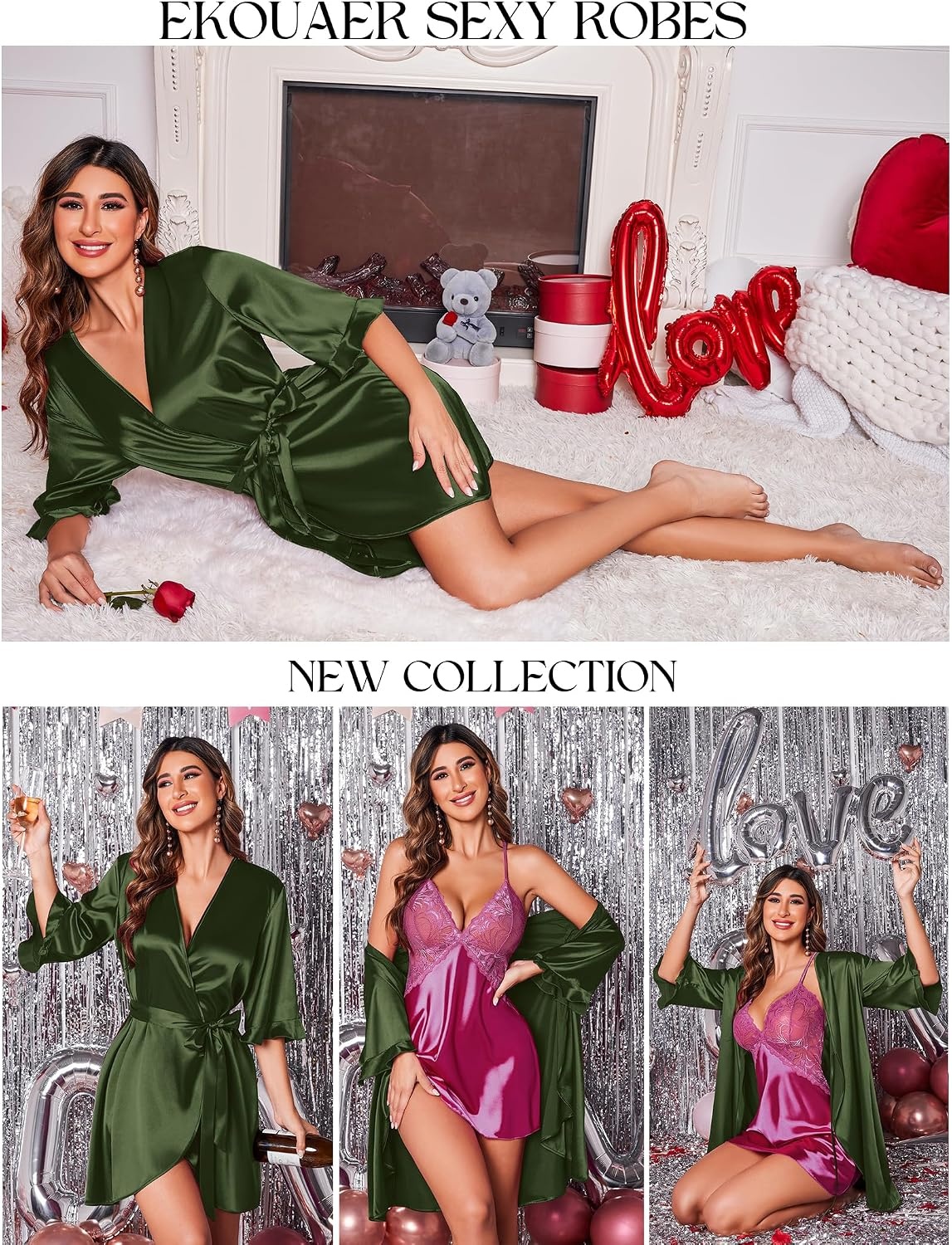 image:imageEkouaer Womens Satin Robe Kimono Bathrobe Short Ruffle Sleeve Silk Robes Silky Soft Robes Summer Lightweight Bath Robe Ruffle 34 Sleeve Sleepwear Short Bride Robe Bridal Robe Bridesmaid RobesDeep Green