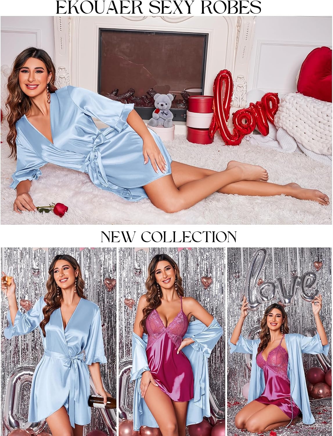image:imageEkouaer Womens Satin Robe Kimono Bathrobe Short Ruffle Sleeve Silk Robes Silky Soft Robes Summer Lightweight Bath Robe Ruffle 34 Sleeve Sleepwear Short Bride Robe Bridal Robe Bridesmaid RobesLight Blue
