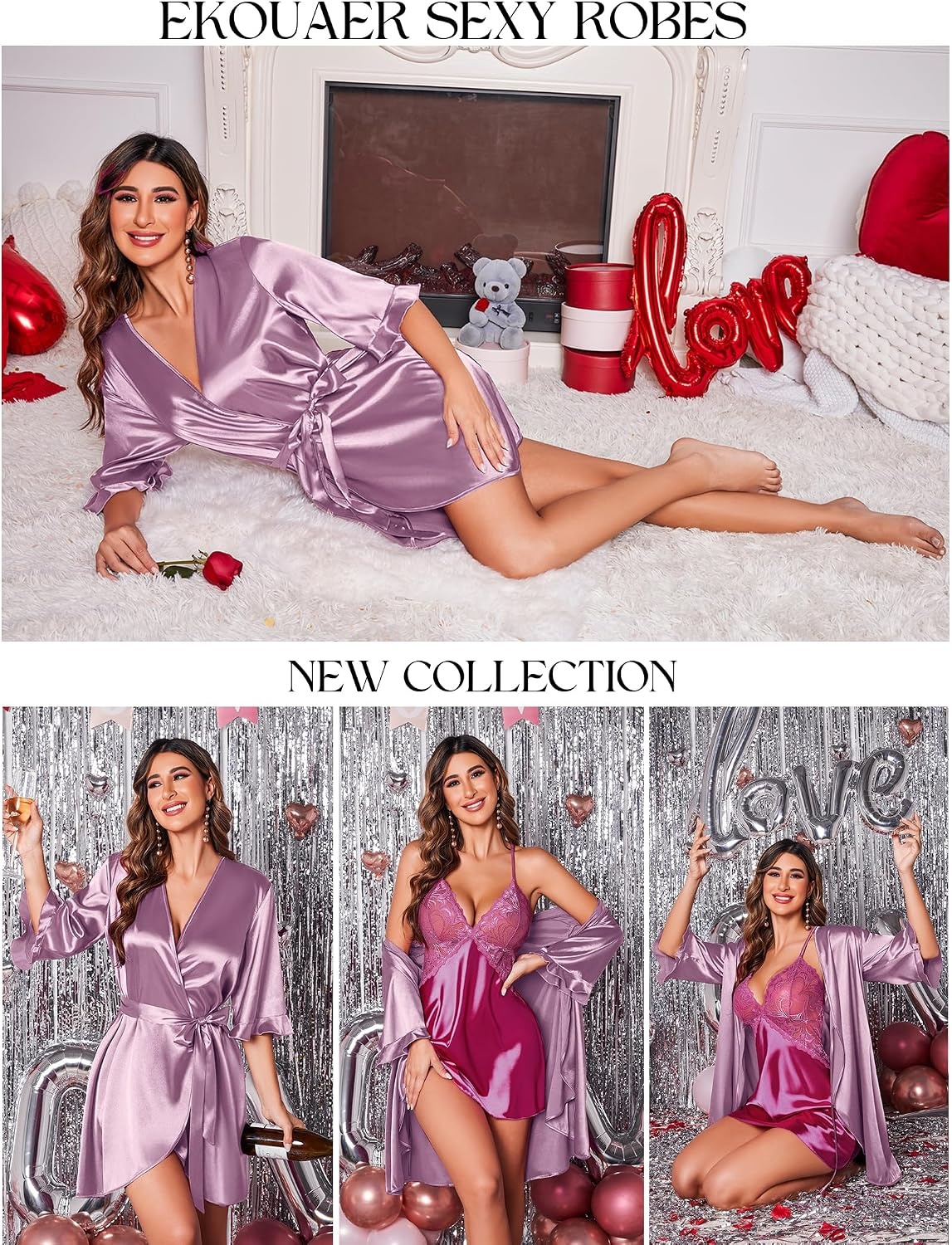image:imageEkouaer Womens Satin Robe Kimono Bathrobe Short Ruffle Sleeve Silk Robes Silky Soft Robes Summer Lightweight Bath Robe Ruffle 34 Sleeve Sleepwear Short Bride Robe Bridal Robe Bridesmaid RobesPurple Red