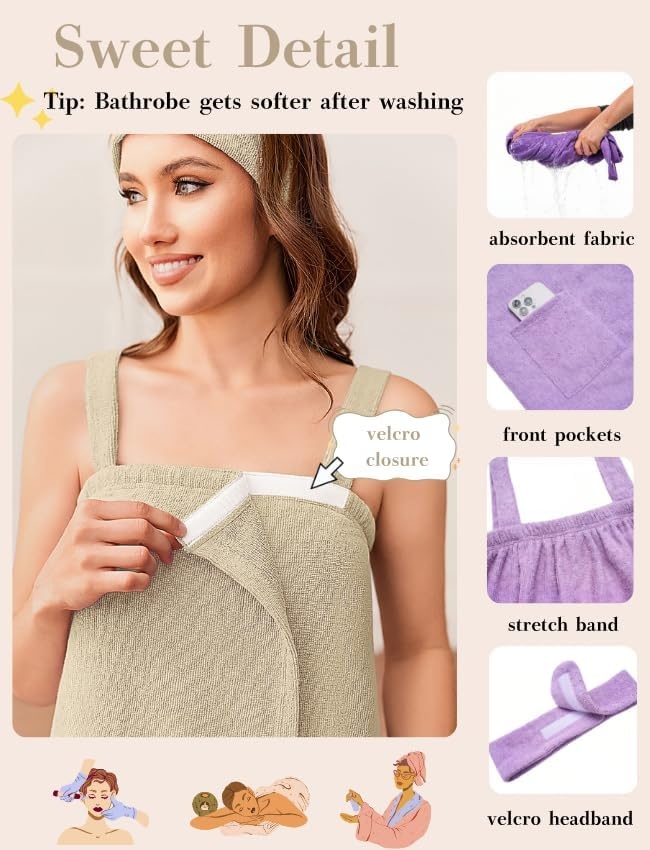 image:imageEkouaer Womens Towel Robe Short Spa Bath Wrap Towel Wrap Shower Robe Headband Absorbent Material Strap PocketsAbeige
