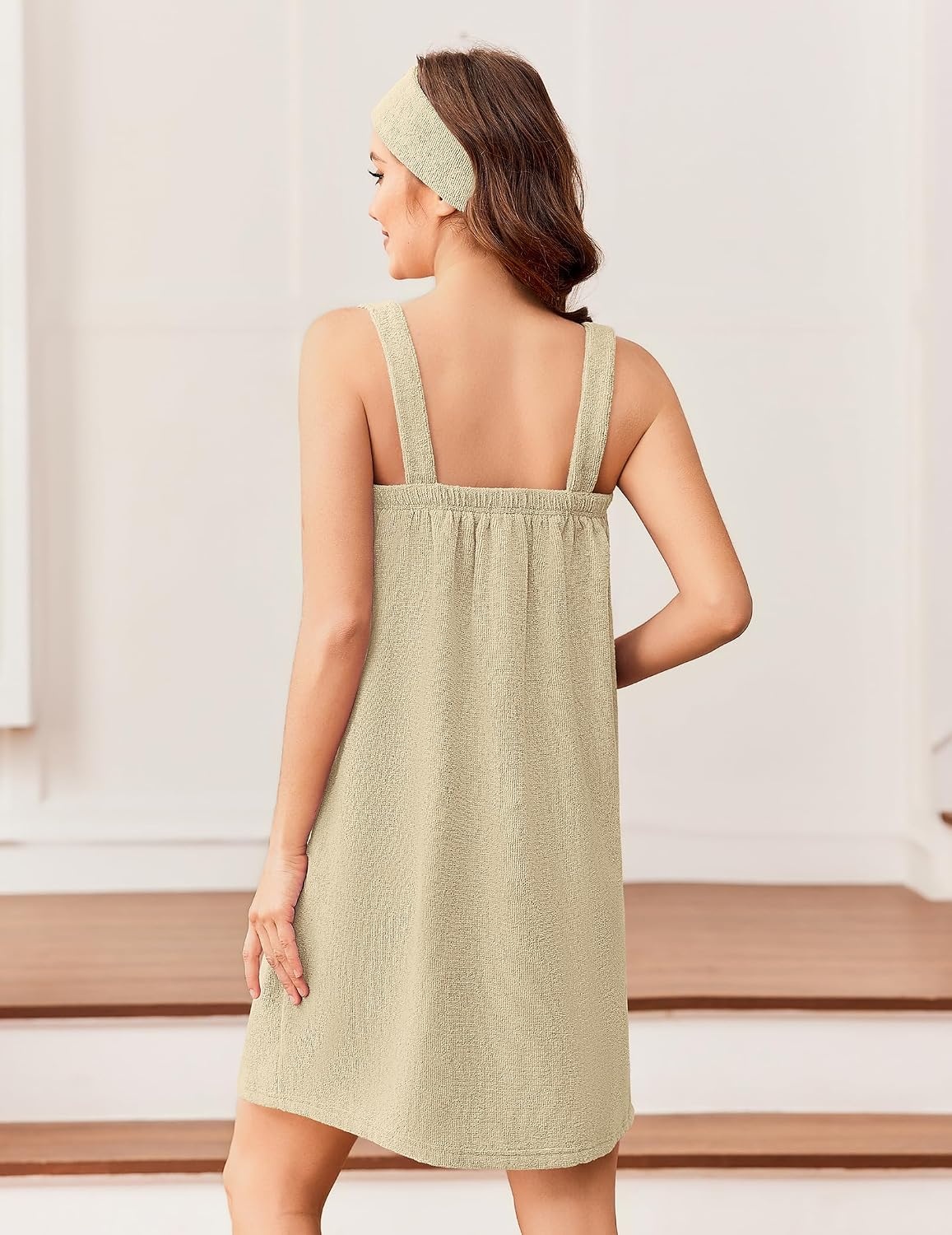 image:imageEkouaer Womens Towel Robe Short Spa Bath Wrap Towel Wrap Shower Robe Headband Absorbent Material Strap PocketsAbeige
