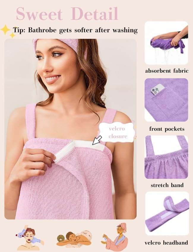 image:imageEkouaer Womens Towel Robe Short Spa Bath Wrap Towel Wrap Shower Robe Headband Absorbent Material Strap PocketsApink