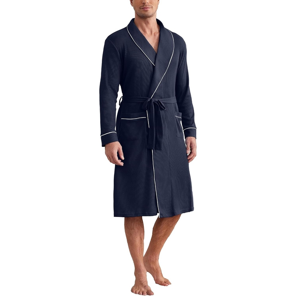 image:imageEkouaer Mens Robes Lightweight Waffle Knit Kimono Bathrobe Long Sleeve Sleepwear Soft Knee Length Robe with PocketsNavy Blue