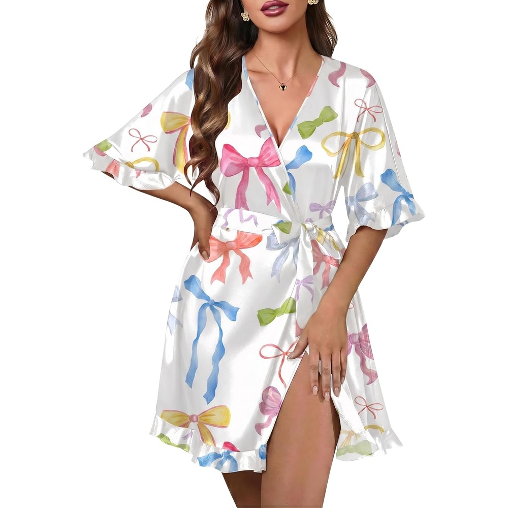 image:imageEkouaer Silk Robes for Women Short Lightweight Bathrobe Satin Kimono Robes  Ruffled Sexy Bride Bridesmaid Sleepwear 34 sleeve V neck TabovekneelengthBow Colorful